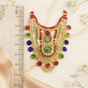 "Radhe" Calligraphy & Peacock Motif Multi-Color Crystal Heavy Shringar Haar for Laddu Gopal, Radha Rani & Mata Rani
