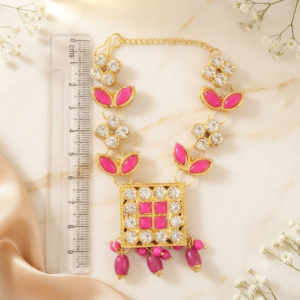Vibrant Rani Pink & White Zircon Square Pendant Heavy Jarkan Haar for Laddu Gopal, Radha Rani & Mata Rani