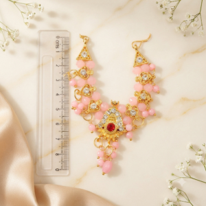 Soft Baby Pink Beads & Zircon Hanging Bell Pendant Heavy Jarkan Haar for Laddu Gopal, Radha Rani & Mata Rani