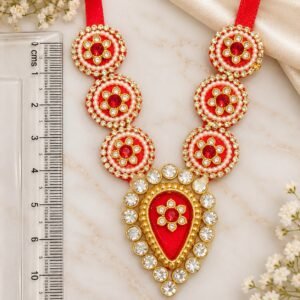 Royal Red Silk & Pearl Chakra Medallion Deity Haar (Laddu Gopal / Deity Jewellery)