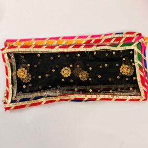 Mata Rani / Radha Rani Black Chunri with Golden Embroidery & Multicolour Border