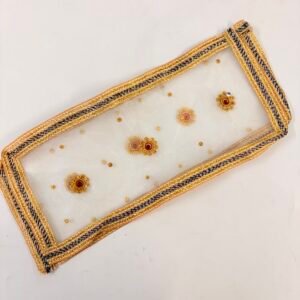 Mata Rani / Radha Rani White Net Chunri with Golden & Navy Blue Border