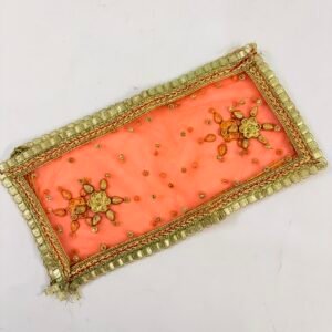 Mata Rani / Radha Rani Peach Chunri with Golden Embroidered Floral Work